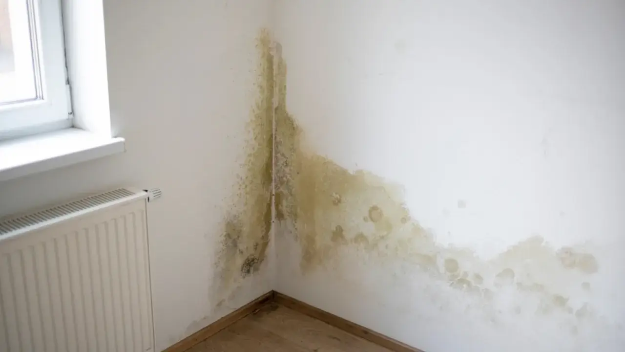 Manchas de moho y humedad en la esquina de una habitación, junto a una ventana y un radiador. Es hora de arreglar humedades.