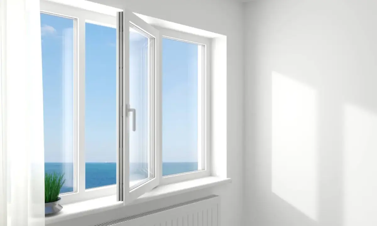Ventanas oscilobatientes con vista al mar. Una planta verde decora el alféizar.