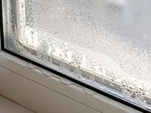 Ventana con gotas de agua, un claro ejemplo de condensación. El vapor de agua se ha adherido al cristal, formando pequeñas gotas que resbalan por el marco.