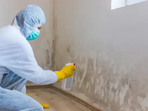 Persona con traje protector y mascarilla rocía producto para eliminar moho en la pared.