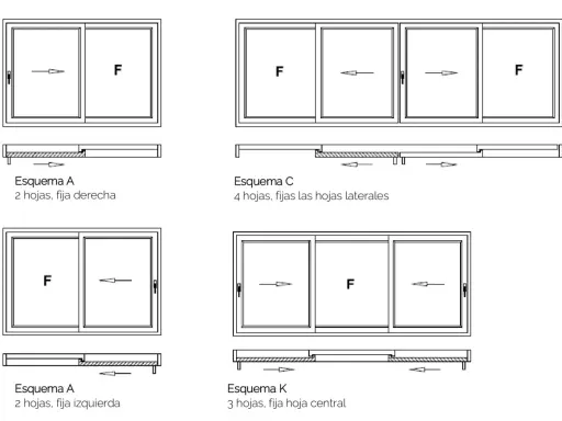 Diagramas de **detalle ventana corredera** con diferentes configuraciones de hojas fijas y móviles.