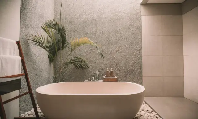 Elegante bañera exenta, rodeada de piedras blancas y una planta tropical. Muestra varios tipos de bañeras para un baño de lujo.