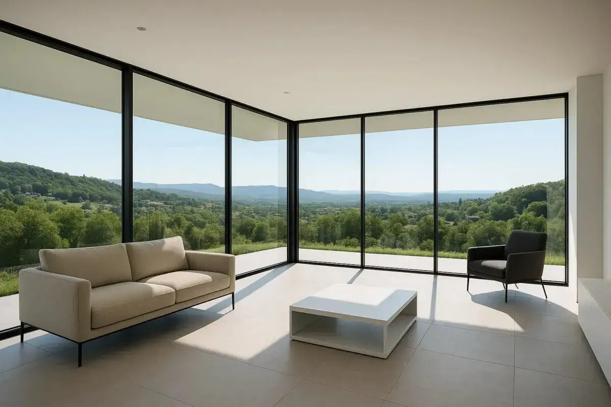 Sofá y sillón frente a una ventana panorámica con vistas a un paisaje verde y montañoso.