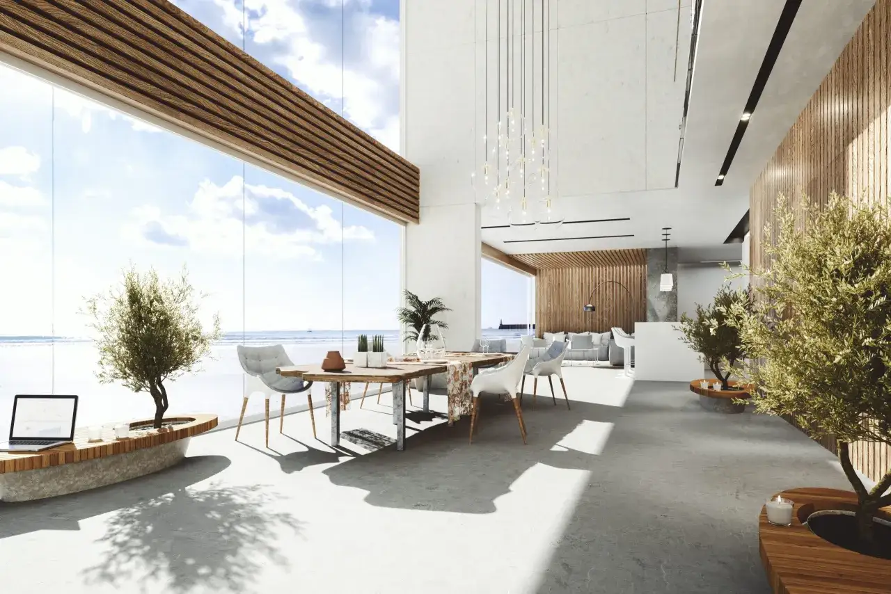 Modern interior con vistas al mar. Mesa de comedor, sofás y árboles decorativos. Cristales guardian sun opiniones positivas.