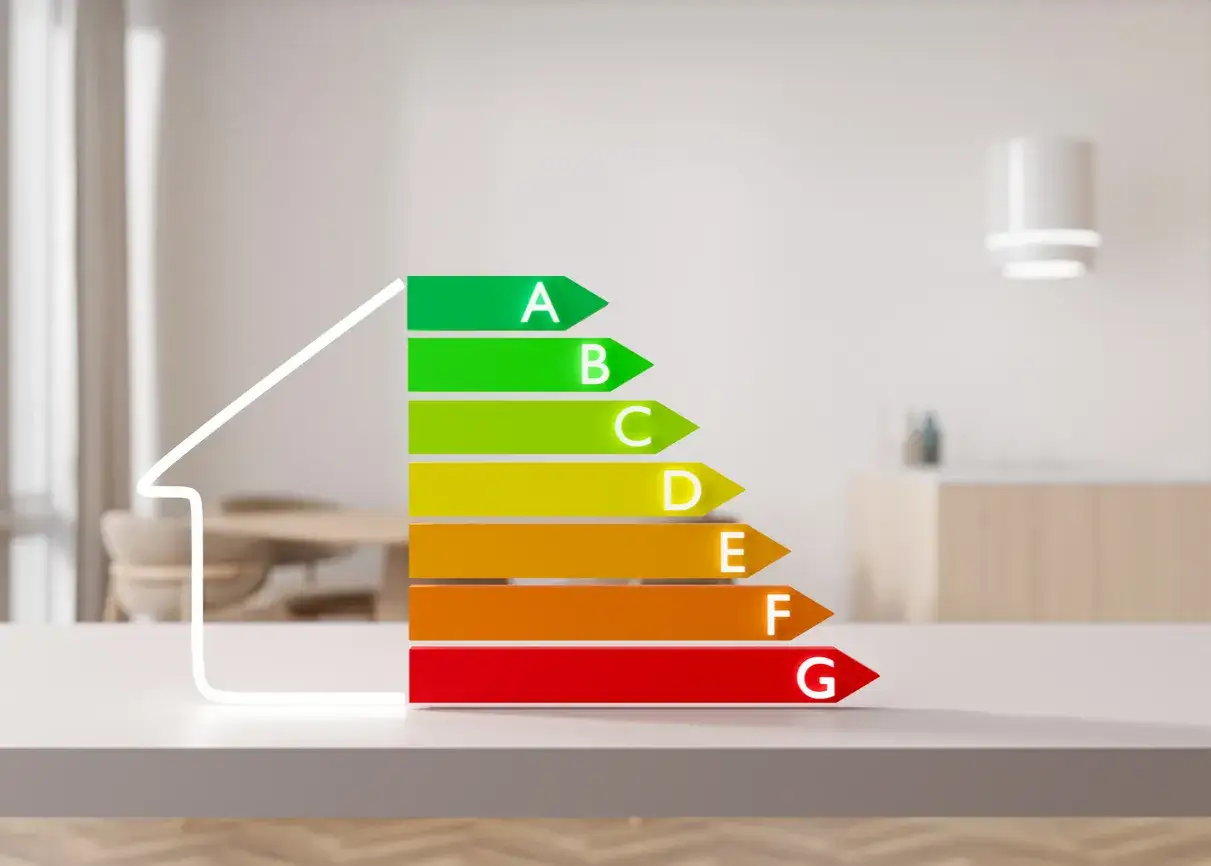 Gráfico de eficiencia energética con flechas de colores (A-G) junto a un contorno de casa. Ideal para ilustrar el rendimiento de ventanas passivhaus.