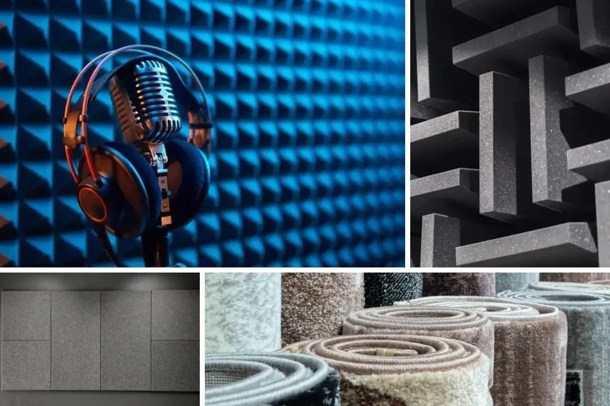 Estudio de grabación con micrófono y auriculares, paneles acústicos y rollos de alfombras, todos son materiales acústicos.