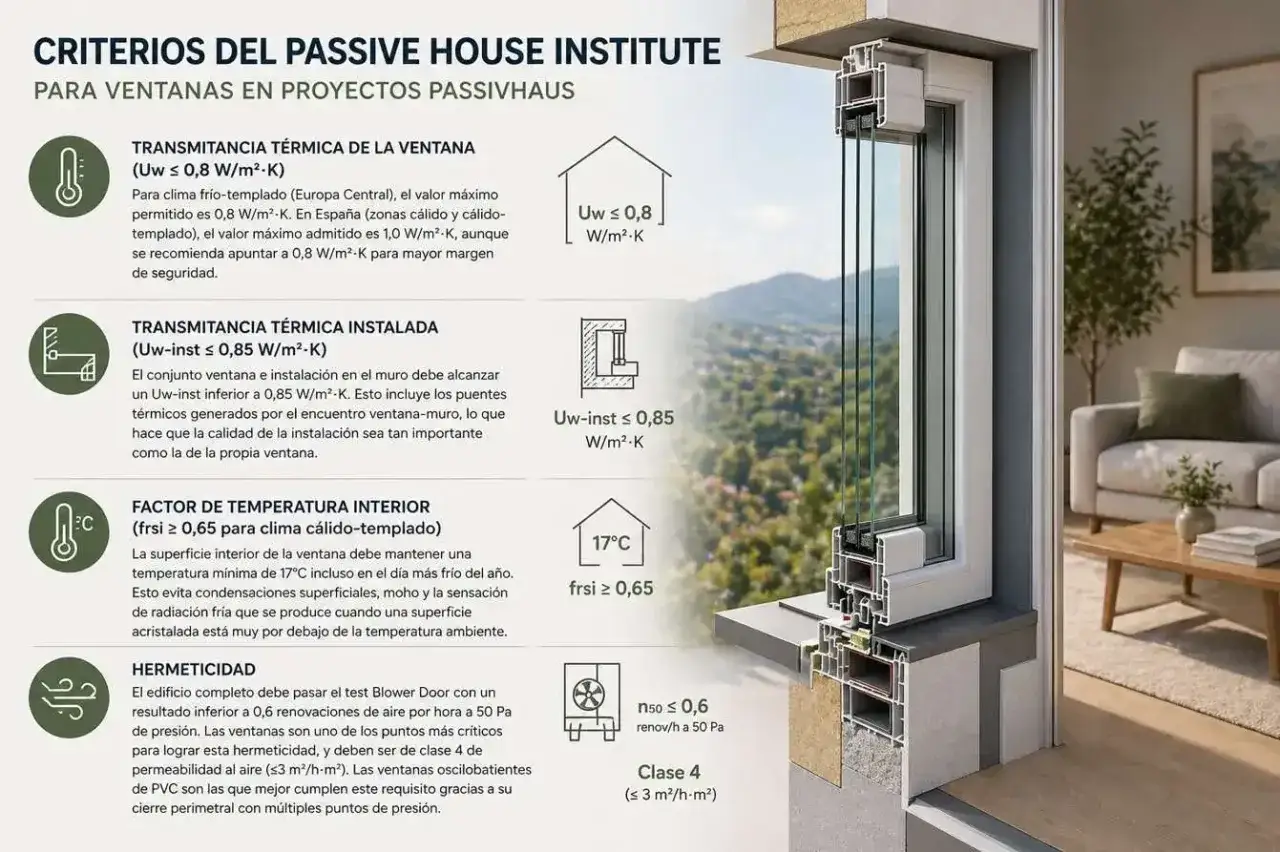 Detalle de ventanas passivhaus: Uw ≤ 0,8 W/m²-K, Uw-inst ≤ 0,85 W/m²-K, frsi ≥ 0,65 y hermeticidad Clase 4.