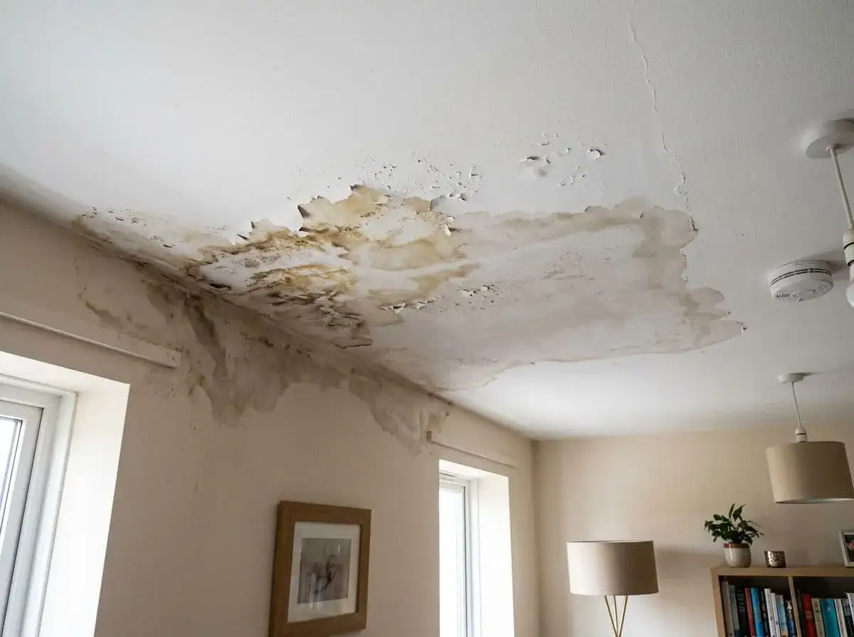 Techo con manchas de humedad y pintura descascarada. Urge arreglar humedades para evitar daños mayores en la vivienda.