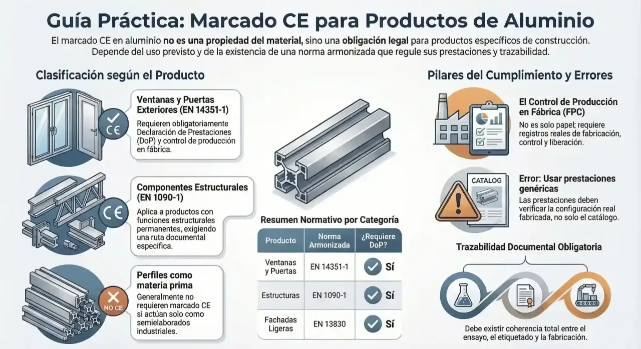 Guía sobre el marcado CE en aluminio: clasifica ventanas, puertas y estructuras. Detalla requisitos de DoP y control de producción.