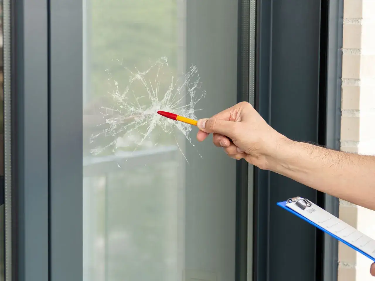 Persona se&ntilde;ala grietas en un cristal de ventana con un l&aacute;piz, mientras sostiene un portapapeles. Consulta el precio cambiar cristal ventana.