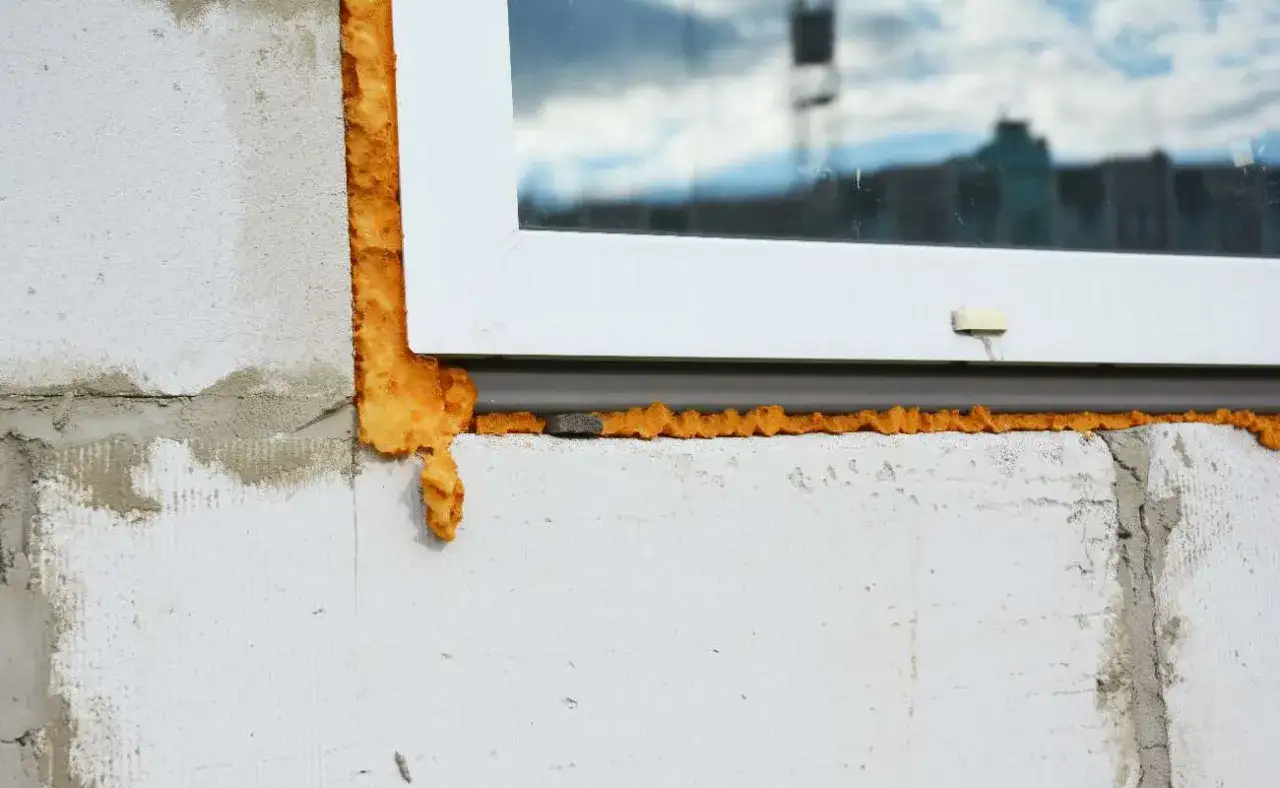 Instalación de espuma expansiva alrededor de unas nuevas cte ventanas, preparando el muro para el acabado.