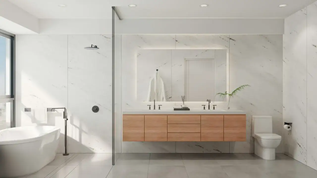 Baños modernos y reformados con plato de ducha, bañera exenta y mueble flotante de madera.