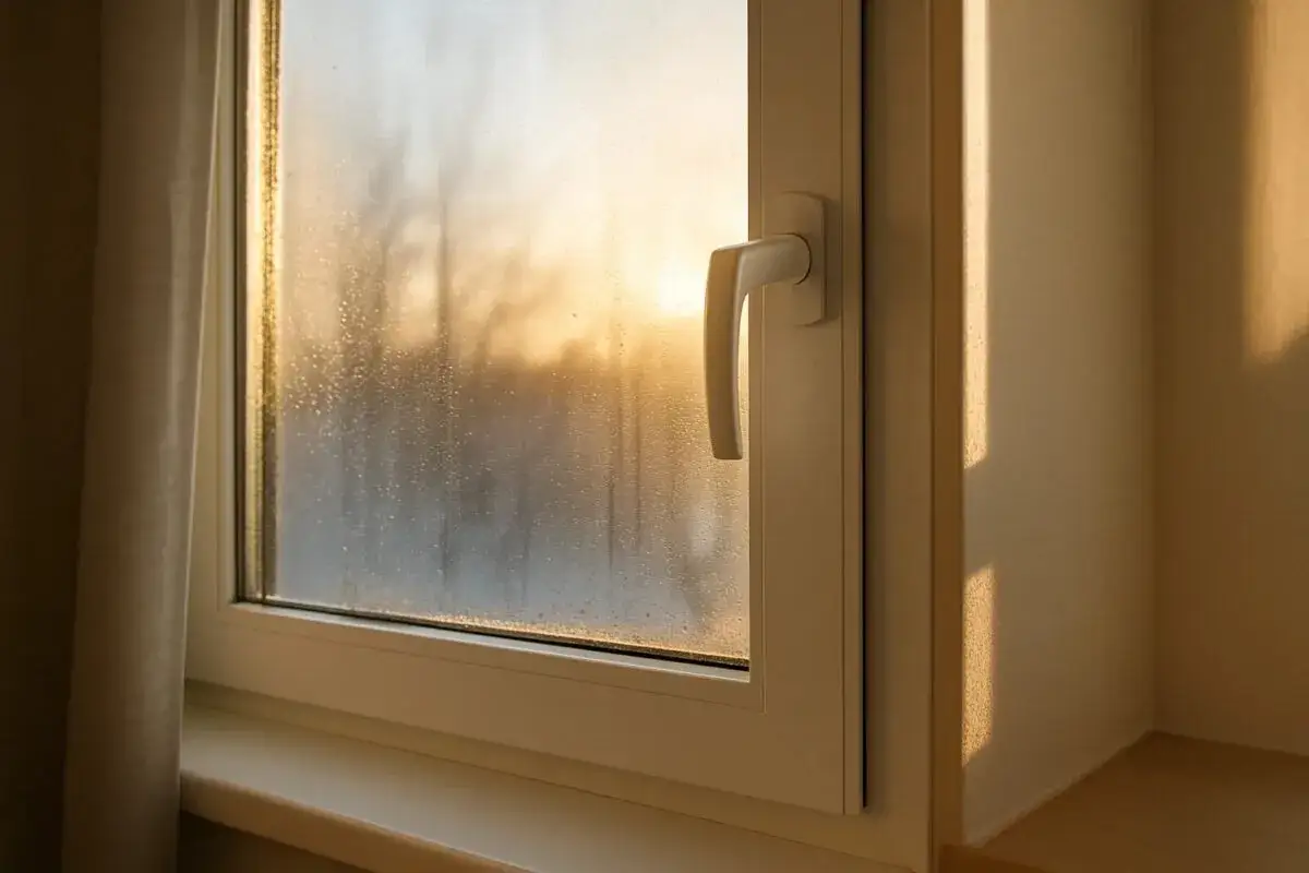 Ventana con gotas de condensaci&oacute;n, explicando porque se empa&ntilde;an los cristales. El sol del atardecer ilumina el exterior.