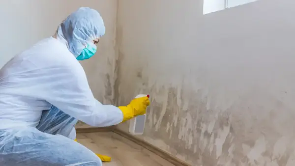 Persona con traje protector y mascarilla rocía producto para eliminar moho en la pared.