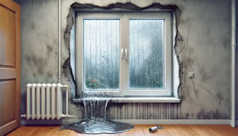 Una ventana con goteras y agua acumulada en el alféizar, evidenciando la falta de estanqueidad al agua en las ventanas.
