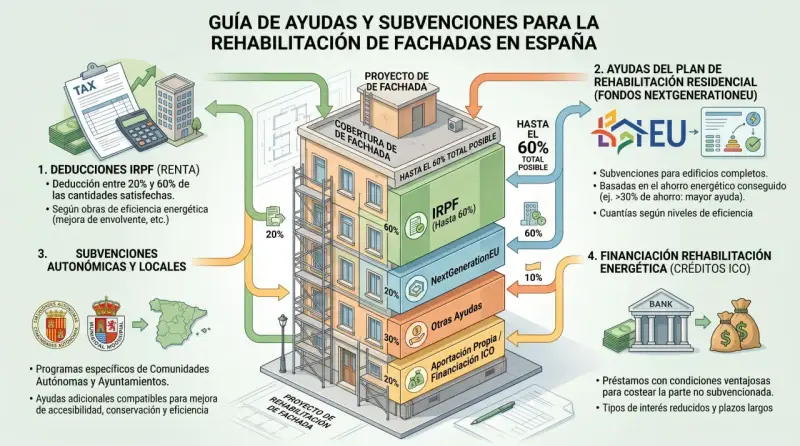 Guía de ayudas para rehabilitación de fachadas: desgravación renta eficiencia energética, subvenciones, fondos NextGenerationEU y financiación ICO.